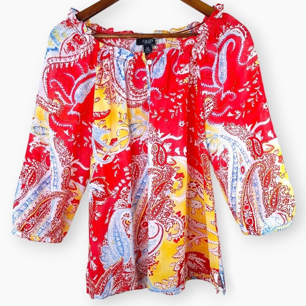 Chaps Colorful Sheer Paisley Peasant Boho Bohemian Blouse Sz XS
